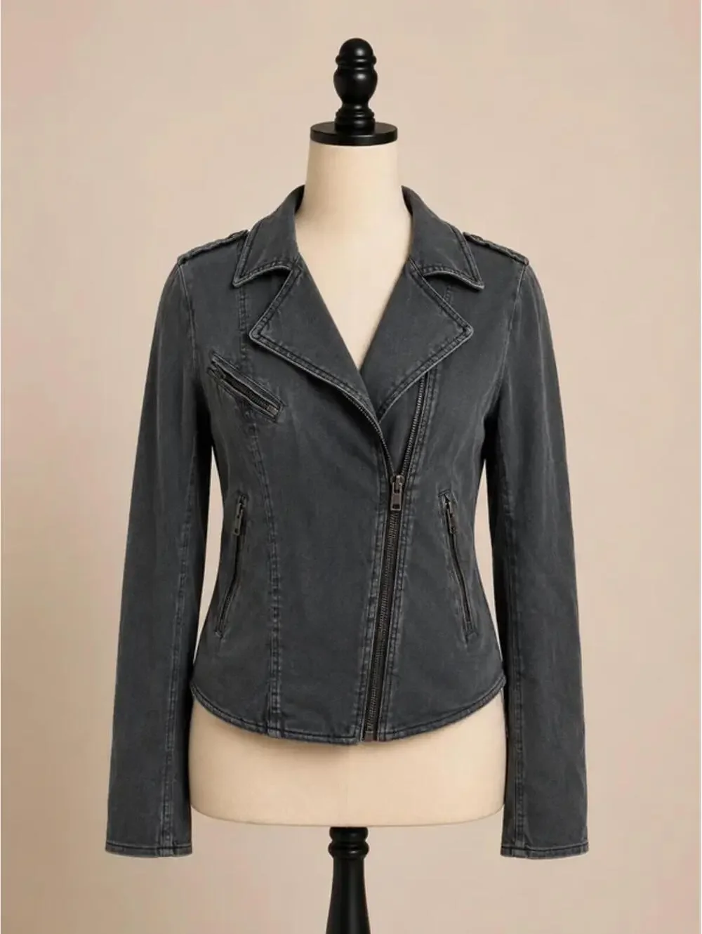 Free People Black Linen Blend Moto Jacket Size 10 - Picture 2 of 5